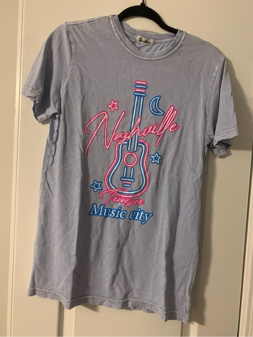 Rustee Blue Mineral Wash Neon Nashville Tennessee Music City Short Sleeve Tee M